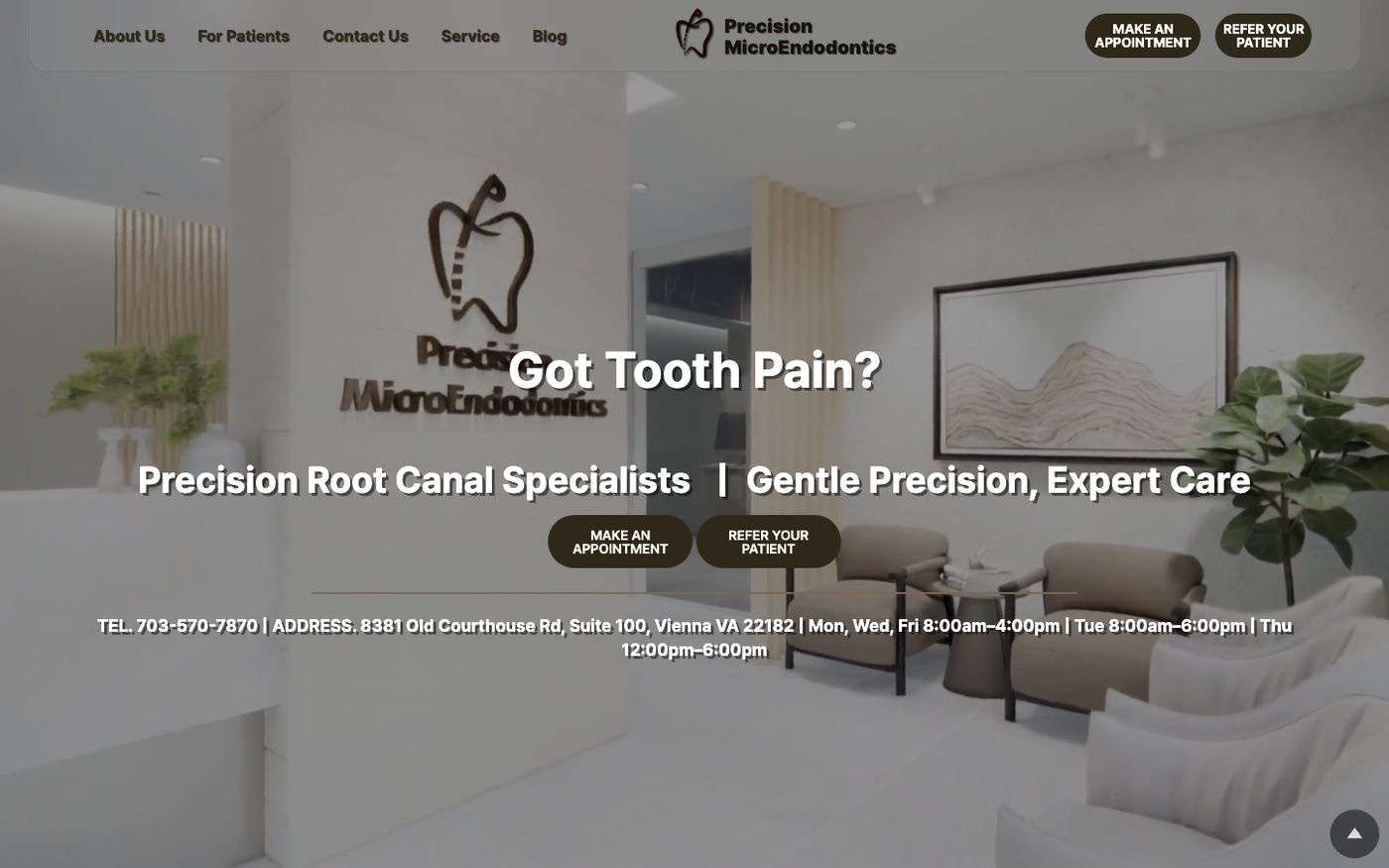 precisionrct.com 첫 화면. 진료실 사진 위에 Got Tooth Pain? 문구와 예약 · 환자 의뢰 두 개의 행동 버튼, 그 아래 전화번호 · 주소 · 요일별 진료시간.